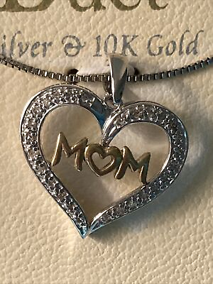 #ad DUET Brand Necklace Heart with MOM Silver 10K Gold 1 10 tw Diamond Mother’s Day $30.00