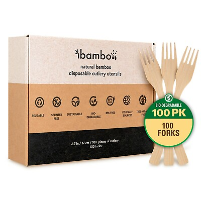 #ad Ibambo Natural Bamboo Disposable Cutlery Utensils Set 100 Forks $18.97