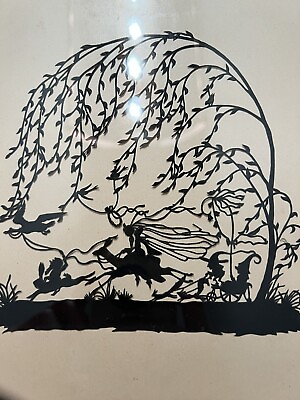 #ad Vintage Hand Paper Cutout Fairy Gnome Framed Black 11x13 Whimsical Deer Rabbit $59.99