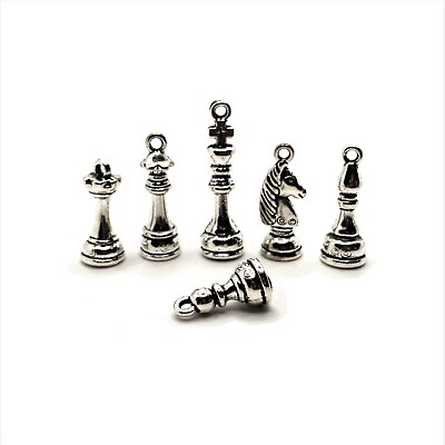 #ad 6 pcs Silver Chess Set Charms Alice in Wonderland US Seller AS474 $8.95