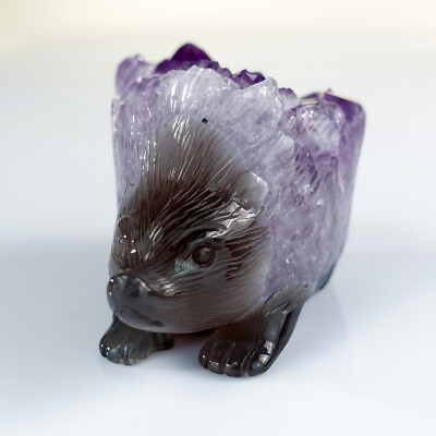 #ad Natural Geode Amethyst Agate Quartz Crystal Hand Carved Hedgehog Unique Statue $299.00