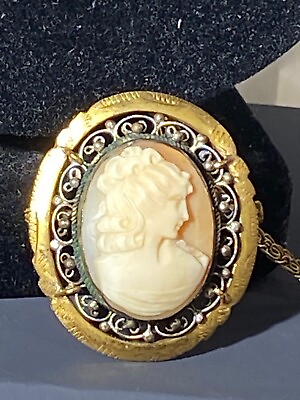 #ad Antique Genuine Shell Cameo Pendant Golden Fancy Scroll Frame Trombone Clasp Pin $137.75