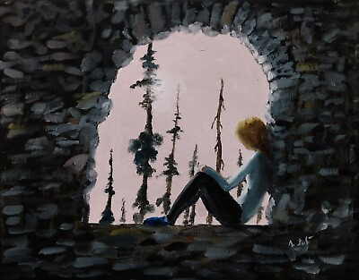 #ad Oil Painting Woman Girl in Castle Window Sunrise Landscape Figure Art by A. Joli $130.00