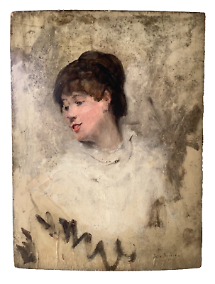 #ad 19th Century Jean BERAUD Impressionism Portrait Woman Oil Panel Painting $5175.00