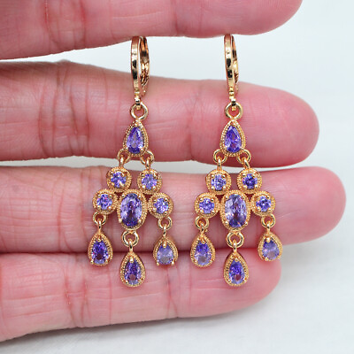 #ad 18K Yellow Gold Filled Women Purple Topaz Palace Chandelier Dangle Earrings AU $4.99