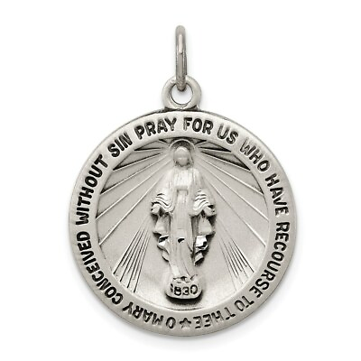 #ad Sterling Silver Antiqued Finish Miraculous Mary Medal Round Pendant 1.14 Inch $42.65