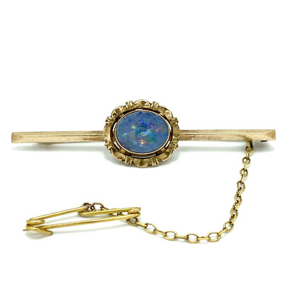 #ad Antique 9ct Yellow Gold Bar Pin Brooch W Natural Black Opal Doublet 1870s AU $355.00