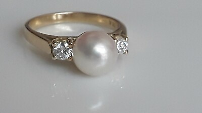 #ad Pretty 18k Gold Ring With Natural Pearl 7.5 mm in the Center amp; Natural Diamonds $850.00