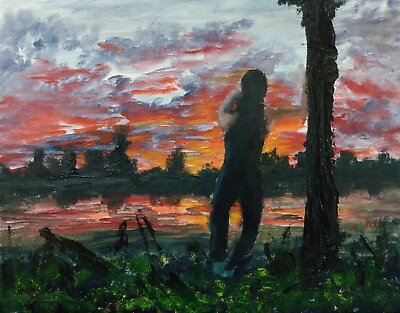 #ad Oil Painting Woman Girl Sunset Red Sky Lake Landscape Figure Art by A. Joli $100.00