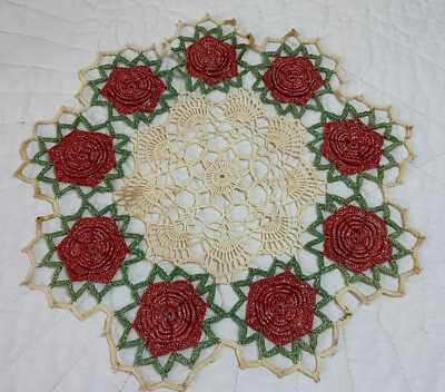 #ad Vintage Round Doily Flower Design Off White Red Green Aged Patina $8.95