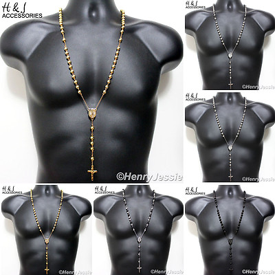 #ad 30quot;5quot;MEN Stainless Steel 8mm Black Silver Gold Plated Beads Rosary Necklace $19.99