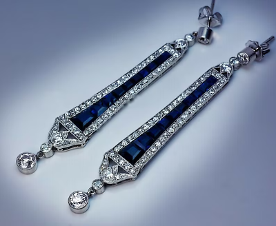 #ad Art Deco Vintage Long Drop Party Wear Retro Earring Lab Created Blue Sapphire $136.00