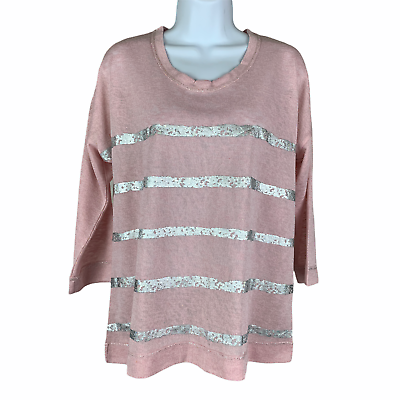 #ad Threadz sz XS Pink and Silver knit 3 4 Sl Top Split Back Sparkle NWT New $6.04