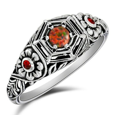 #ad Natural 1CT Red Fire Opal amp; Ruby 925 Sterling Silver Ring Sz 8 FM5 $30.99