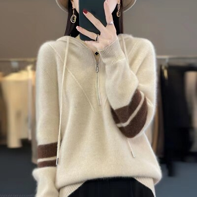 #ad Women Zipper Hooded Thicken Wool Cashemere Sweater Loose Hoodie Casual Tops $62.42