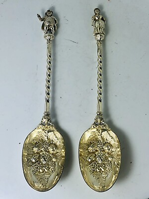#ad 19th Century Set of 2 Dickens Novelty Silver Plate Gilt Repousse Berry Spoons $175.00