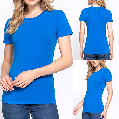 #ad Women#x27;s Cotton Crew Neck Short Sleeve T Shirt Stretch Slim Fit Top Plain $8.99