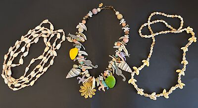 #ad Vtg Bead Sea Shell Charms Necklace Lot Of 3 Pink Gold Star Fish Seahorse Beachy $23.78