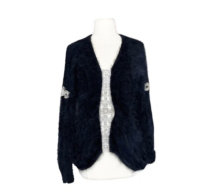 #ad Vintage 90s M Medium Linda Haddad Black Mohair Sweater Rhinestone Cut Out $129.99