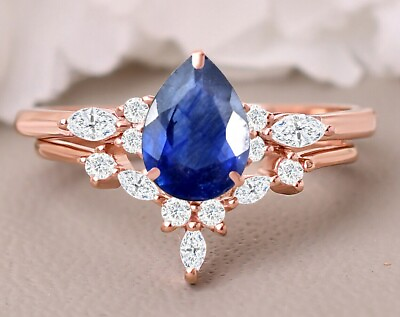 #ad 2PCS Blue Sapphire Ring Engagement Ring Set Matching band Sapphire Jewelry Gift $559.99