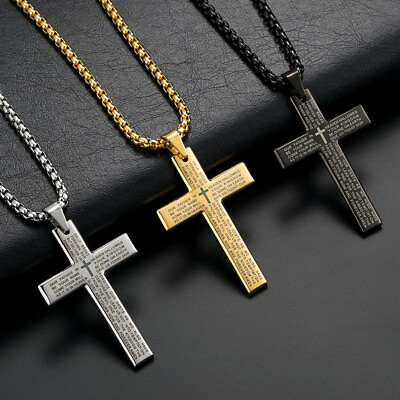 #ad Mens Stainless Steel Cross Pendant Necklace Inspirational Bible Verse Neck Chain $2.89