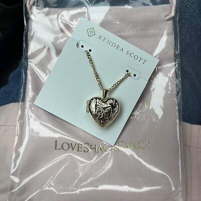 #ad Love Shack Fancy X Kendra Scott Locket Heart Gold Necklace Bow Engraving NWT $325.00