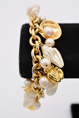 #ad Vintage Charm Bracelet Faux Pearl Lucite Shell Dangle Gold Tone Chunky 90s Bin4 $31.96