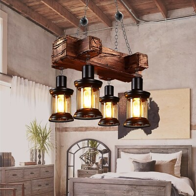 #ad #ad E26 Hanging Lamp Dining Table Pendant Lighting Fixture Wood Rustic 4 Lights $132.79