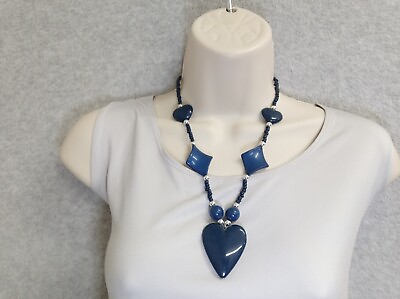 #ad Womens Silver Tone Navy Blue Pendant Necklace 20.5 in Statement Runway Party $10.39