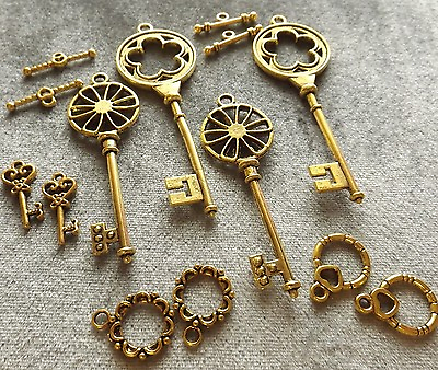 #ad SKELETON KEY FINDINGS SET 14 PIECE CHARMS CLOSURES TOGGLE ANTIQUE GOLD $7.61