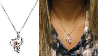 925 Sterling Silver Heart Rose Flower Pendant Necklace 18quot; Adjustable Gift $9.99