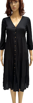#ad Sonoma Women#x27;s 3 4 Sleeves V Neck Button Front Black Rayon Midi Dress Petite XS $34.95