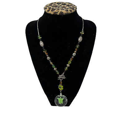#ad Glass Turtle Necklace Silvertone Necklace Multicolor Beads Teapot Spoon Closure $16.99