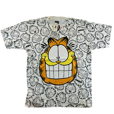 #ad VTG Many Faces of Garfield All Over Print AOP Big Face Single Stitch Shirt XL $109.95