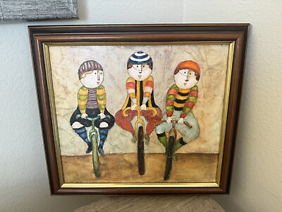 #ad Framed Art Painting On Canvas 3 Boys Riding Bikes Colorful $40.00