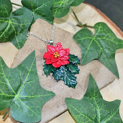 #ad Poinsettia and Holly Pendant Necklace Polymer Clay Jewellery Christmas Festive GBP 21.50