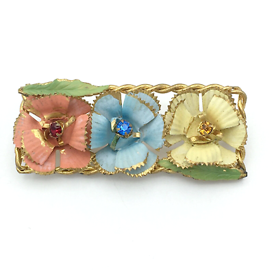 #ad AUSTRIAN vintage rhinestone enamel brooch 2.25quot; pastel flower rope bar pin $23.00