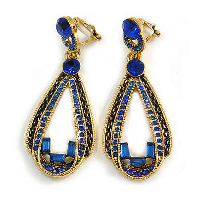 #ad Vintage Inspired Long Sapphire Blue Crystal Loop Clip On Earrings In Antique GBP 16.90