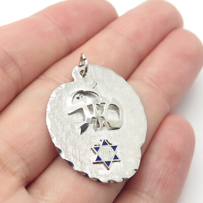#ad 925 Sterling Silver Vintage Enamel Star of David Mazel Judaica Pendant $29.95