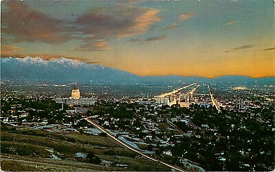 #ad Chrome UT Postcard H058 Salt Lake City Valley Night from Bee Mountain Curteich $3.50