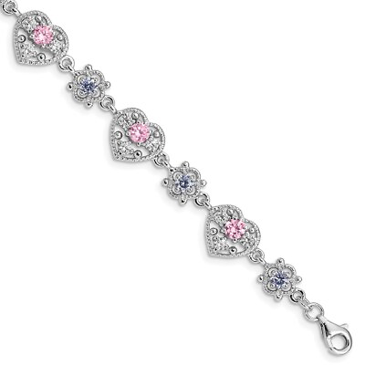 #ad Sterling Silver Rhod plated 7inch Pink and Clear CZ Heart Bracelet $171.00