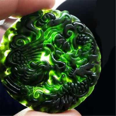 #ad Chinese Natural Black Green Jade Pendant Dragon amp; Phoenix Good Lucky Amulet Gift $5.23