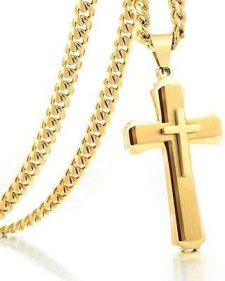 #ad LUXE Mens 14k Gold Cross Pendant MASCULIN 14k Gold Cross Necklace for Men Plated $249.50