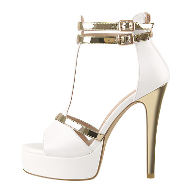 #ad Onlymaker Women#x27;s Sexy T Strap Platform High Heel Sandals White Stiletto Pumps $59.99