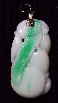 #ad Vintage 14k Gold Chinese Green and White Jade estate 1970#x27;s Pendant high GRADE C $1259.99