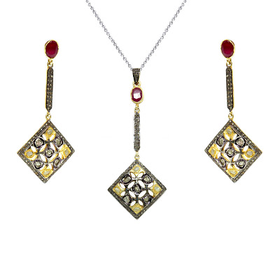 #ad Gemstone Rhodium Plated Rhombus Silver Women Jewelry Dangle Earring Pendant Set $900.00