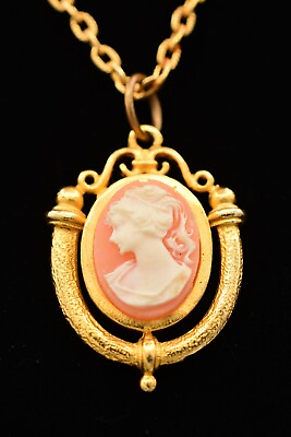 #ad Vintage Cameo Pendant Necklace Oval Pink Brushed Gold Linked Chain 1990s BinAU $31.96