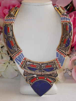 #ad Tibetan Lapis Lazuli And Coral Gemstone Handmade 925 SS Necklace 18 inch $199.99