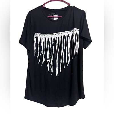 #ad Crazy Train Black Knit Top with White Fringe size Large $19.99