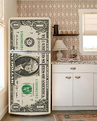 #ad Vintage American Dollar Fridge Decal US Paper Retro Refrigerator Wrap Currency $98.00